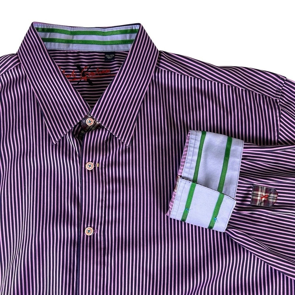Robert Graham Mens 3XL Purple Pink Stripe Button Front Shirt Cotton Long Sleeve
